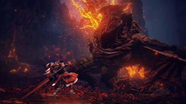 A screenshot of the player character in Shadow of the Erdtree facing off against Bayle, the object of Igon’s intense hatred.