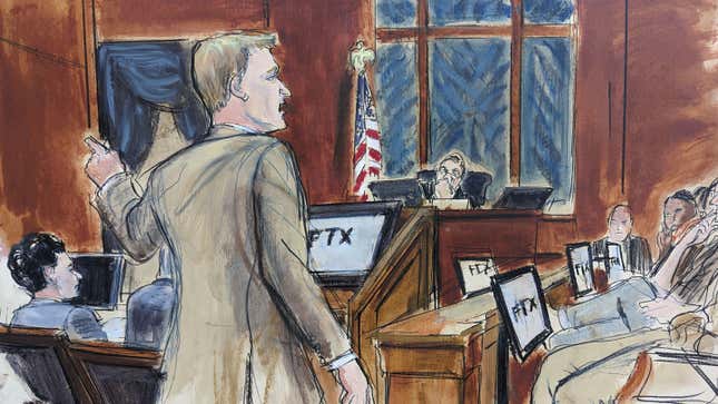 This courtroom sketch shows Assistant US Attorney Thane Rehn as he delivers his opening statement, while pointing at Sam Bankman-Fried, seated left, during his fraud trial, Wednesday, Oct. 4, 2023. (AP Photo/Elizabeth Williams)