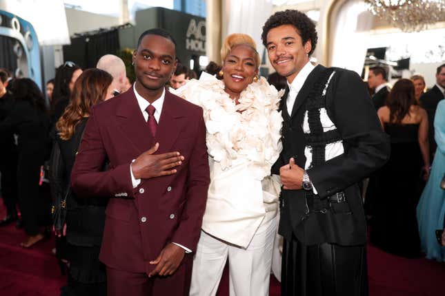 Ethan Herisse, left; Aunjanue Ellis-Taylor; and Brandon Wilson during the 82nd Annual Golden Globes held at The Beverly Hilton on January 05, 2025 in Beverly Hills, California.