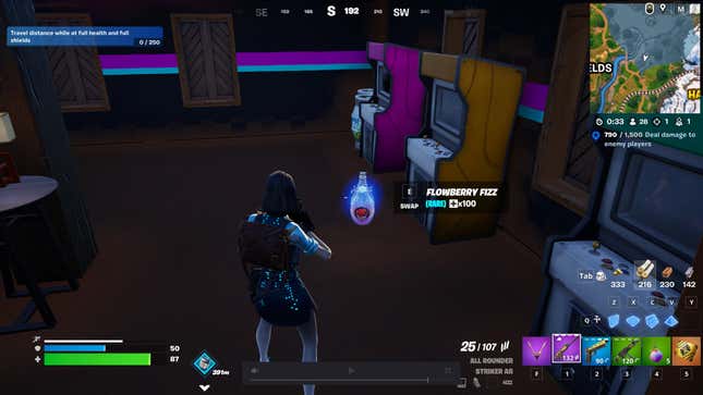 A Fornite Character stands in front of a Flowberry Fizz consumable.