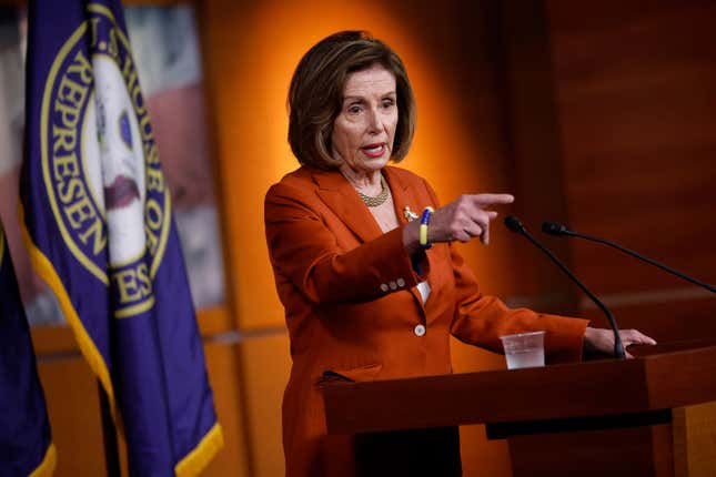 Speaker of the House Nancy Pelosi (D-CA) talks to reporters minutes after the U.S. Supreme Court struck down Roe v Wade, which guaranteed a woman’s right to an abortion, in the Capitol Visitors Center on June 24, 2022, in Washington, DC.