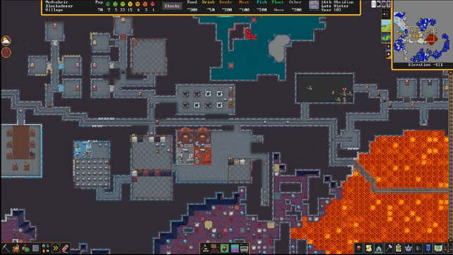 Lo-fi pixel art shows a dense dwarf fortress. 