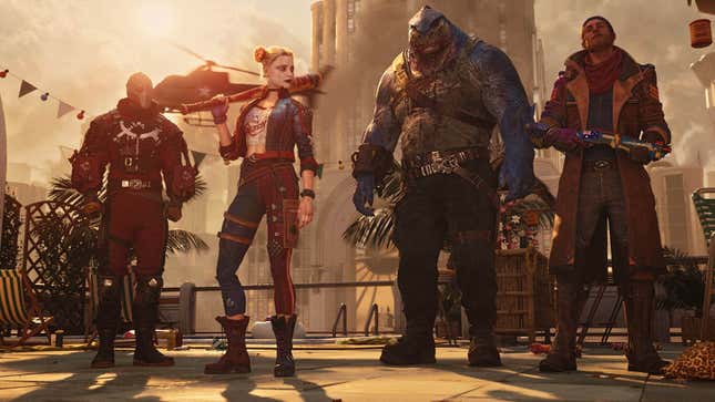 A screenshot of the eponymous Suicide Squad (from L-R: Deadshot, Harley Quinn, King Shark, and Captain Boomerang)