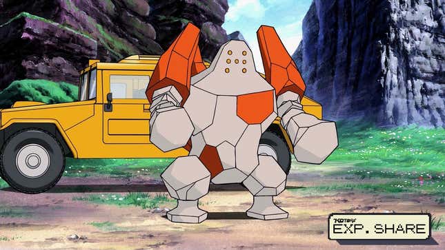 Regirock stands next to a car.