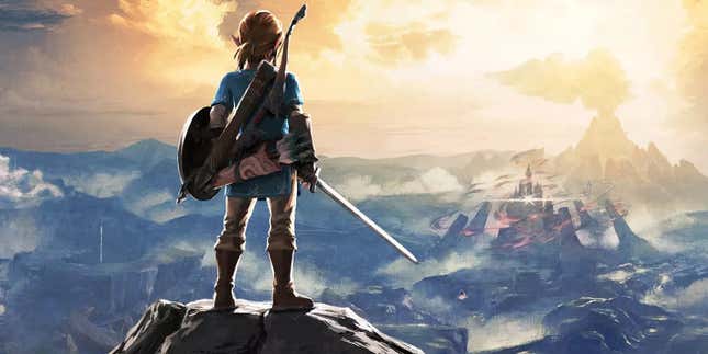 Link standing on a rocky plateau looking at a castle in the distance.