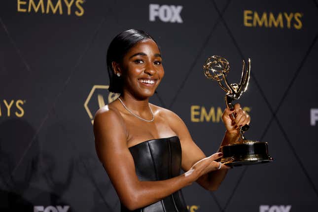 Ayo Edebiri, winner of the Outstanding Supporting Actress in a Comedy Series award for “The Bear,” poses in the press room during the 75th Primetime Emmy Awards at Peacock Theater on January 15, 2024 in Los Angeles, California.