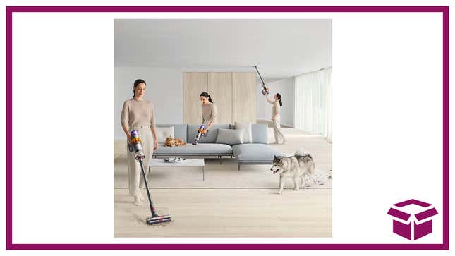 A woman using a Dyson vacuum next to The Inventory logo