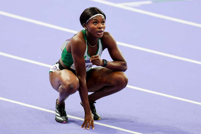 Favour Ofili du Nigéria lors de la finale du 200 m féminin en athlétisme le 11e jour des Jeux Olympiques de Paris 2024 au Stade de France le 6 août 2024 à Saint-Denis, France.