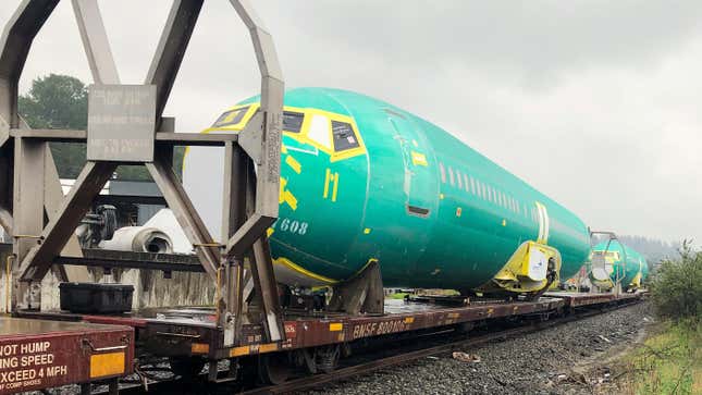 Boeing 737 fuselages sent from Spirit Aerosystems in Wichita, Kansas sit in a BNSF rail siding near Boeing’s Factory in Renton, Washington.