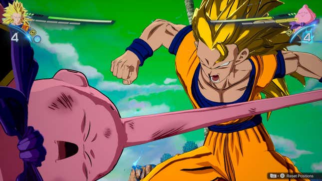 Super Saiyan 3 Goku punches Majin Buu in the face.