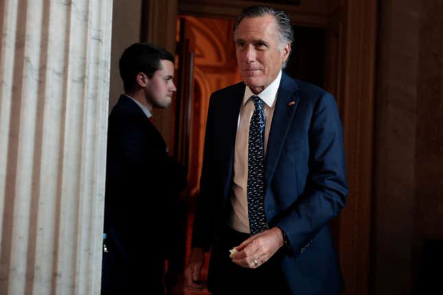  Sen. Mitt Romney (R-UT) departs from the Senate Republicans’ daily luncheon at the U.S. Capitol Building on May 05, 2022, in Washington, DC.