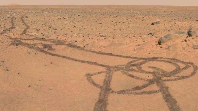 Spirit Rover tire tracks on the surface of Mars