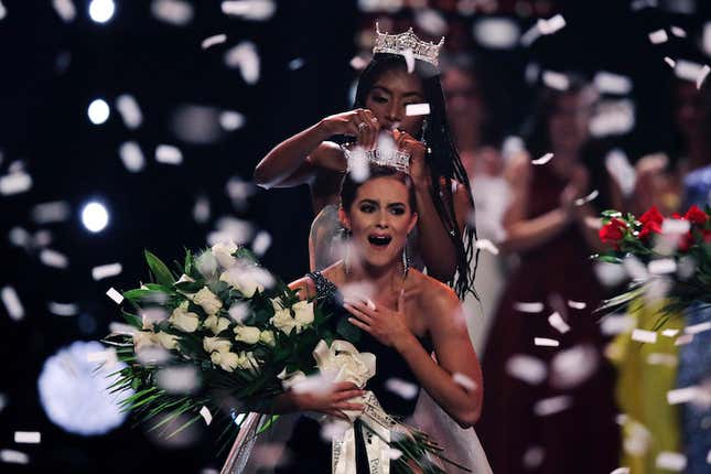 Camille Schrier, of Virginia, reacts as she is crowned after winning the Miss America competition at the Mohegan Sun casino in Uncasville, Conn., Thursday, Dec. 19, 2019.