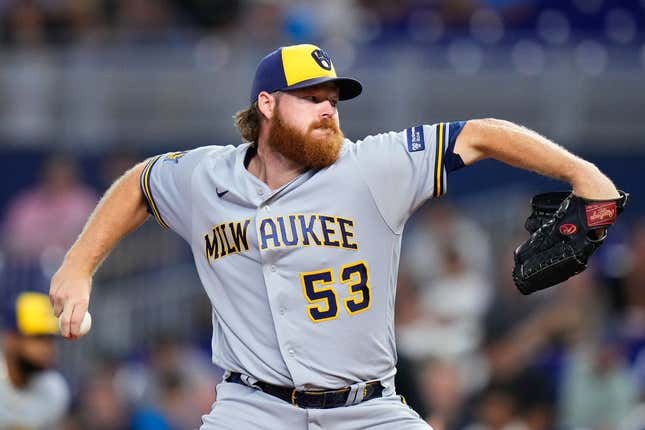 Sep 23, 2023; Miami, Florida, USA; Milwaukee Brewers starting pitcher Brandon Woodruff (53) throws a pitch against the Miami Marlins during the first inning at loanDepot Park.