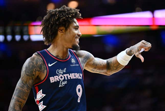 Nov 4, 2023; Philadelphia, Pennsylvania, USA; Philadelphia 76ers guard Kelly Oubre Jr (9) gestures in the second quarter against the Phoenix Suns at Wells Fargo Center.