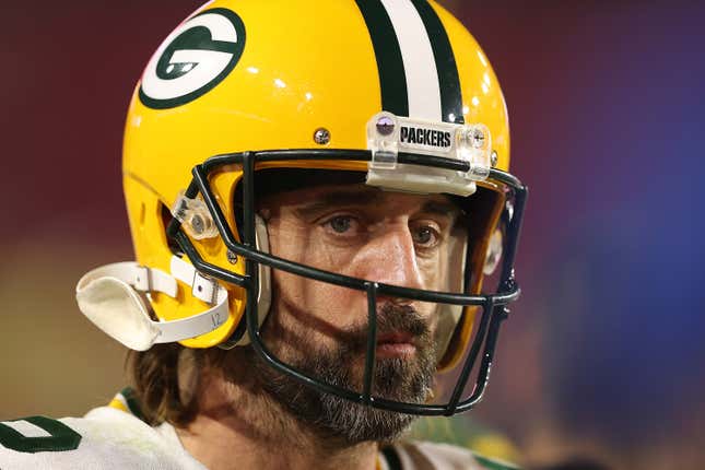 GLENDALE, ARIZONA - OCTOBER 28: Aaron Rodgers #12 of the Green Bay Packers watches action during the second half of a game against the Arizona Cardinals at State Farm Stadium on October 28, 2021 in Glendale, Arizona. (Photo by Christian Petersen/Getty Images)