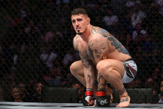 Jul 22, 2023; London, UNITED KINGDOM; Tom Aspinall (red gloves) prior to the fight against Marcin Tybura (blue gloves) during UFC Fight Night at O2 Arena.