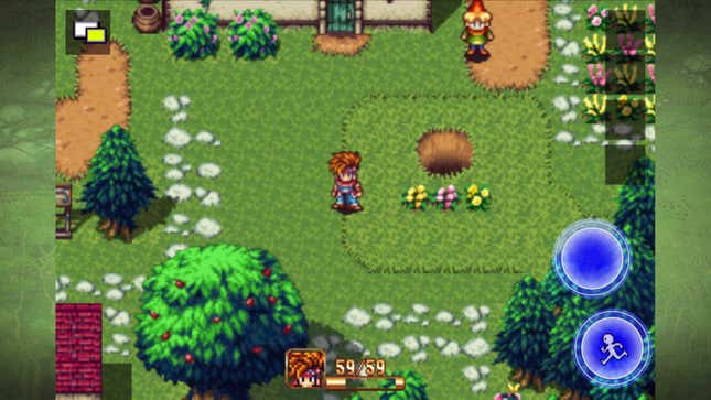 A character stands in a garden.