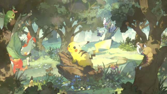 Pokemon run around in a forest. 