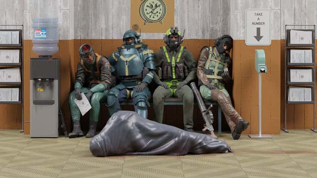 Four soldiers sit on a crowded bench in a waiting room with a bodybag on the floor in the foreground.