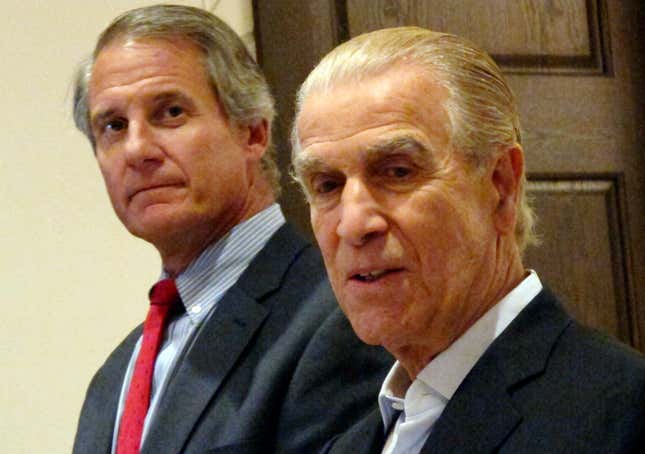 FILE - This Aug. 26, 2015 file photo shows Mitchell Etess, right, CEO of Mohegan Gaming Advisors, and Morris Bailey, left, owner of Resorts Casino Hotel in Atlantic City, N.J. The Mohegan tribe will end its management of Atlantic City&#39;s Resorts casino at the end of this year, both parties said Monday, Feb. 26, 2024. (AP Photo/Wayne Parry, File)