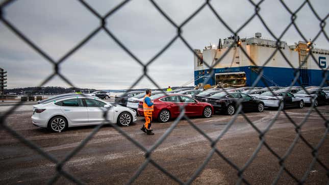 Automobiles produced by Tesla Inc. sit dockside after arriving on the Glovis Courage vehicles carrier vessel at the Port of Oslo in Oslo, Norway, on Friday, March 15, 2019. 