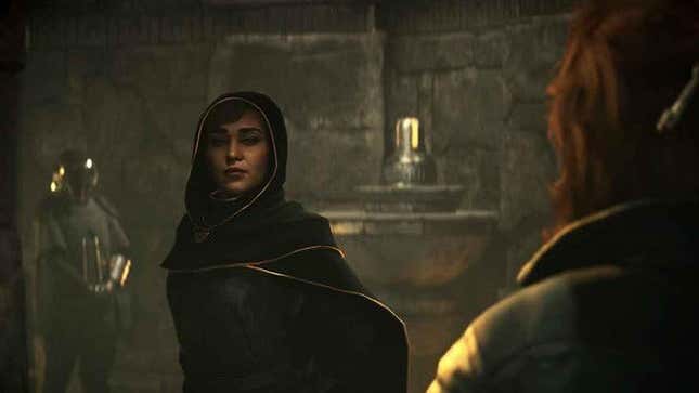 Lady Qi'Ra stands with a hooded cloak on