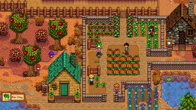 Screenshot van de multiplayergame van Stardew Valley, inclusief spelers die in de herfst voor een boerderij zorgen en fruitbomen die aan de zijkant groeien.