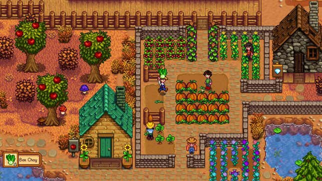 Képernyőkép a Stardew Valley többjátékos játékáról, beleértve az ősszel farmot ápoló játékosokat és az oldalt kinőtt gyümölcsfákat.