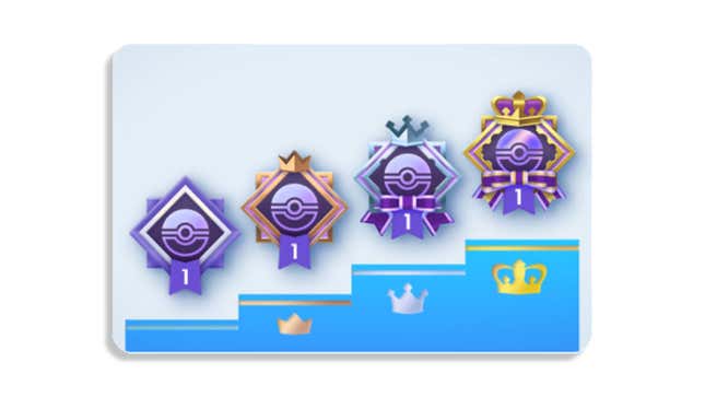 The four available emblems in the latest Pocket event, getting grander as they ascend blue steps.