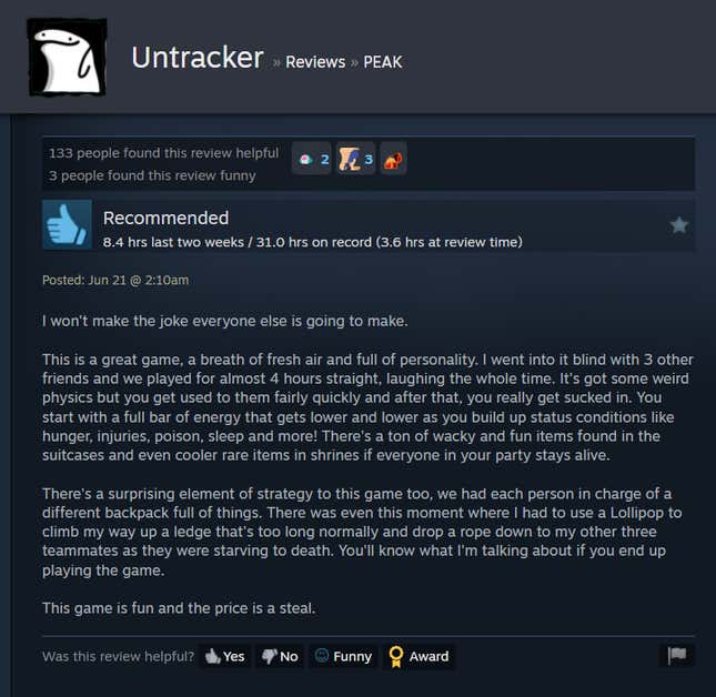 Image for article titled Peak, As Told By Steam Reviews