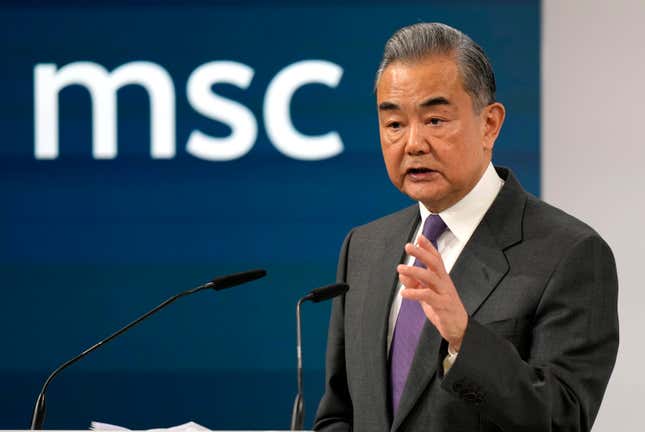 Chinese Foreign Minister Wang Yi delivers a speech at the Munich Security Conference at the Bayerischer Hof Hotel in Munich, Germany, Saturday, Feb. 17, 2024. The 60th Munich Security Conference (MSC) is taking place from Feb. 16 to Feb. 18, 2024. (AP Photo/Matthias Schrader)