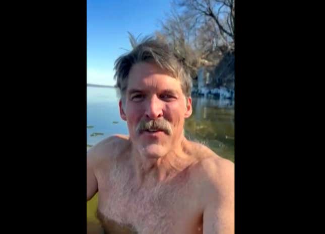 This screen shot from cell phone video provided by Eric Hovde’s campaign shows the candidate for U.S. Senate shirtless in the cold waters of Lake Mendota in Madison, Wis. on Thursday, Feb. 29, 2024. He was hoping to show he’s more of a hardy Wisconsinite than a soft Californian. He also challenged his Democratic challenger, U.S. Sen. Tammy Baldwin, to take a cold plunge as well. (Eric Hovde via AP)