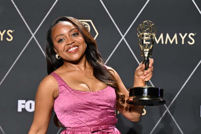 Outstanding Lead Actress in a Comedy Series Quinta Brunson, Abbott Elementary, poses in the press room during the 75th Emmy Awards at the Peacock Theatre at L.A. Live in Los Angeles on January 15, 2024.