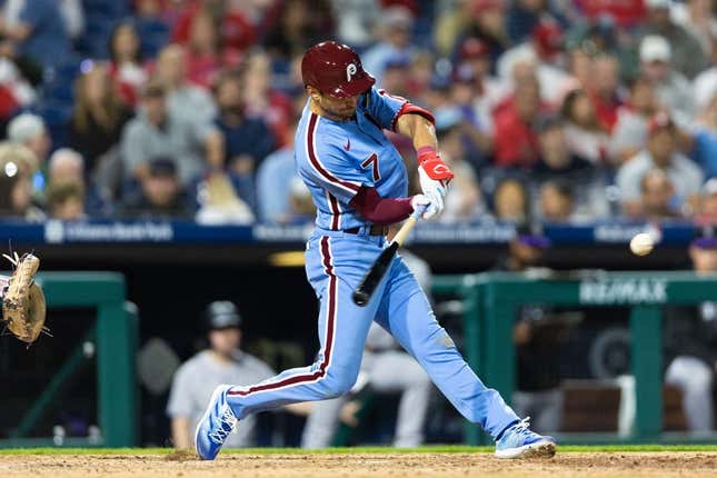 Trea Turner of the Philadelphia Phillies bats in the fourth inning in  2023