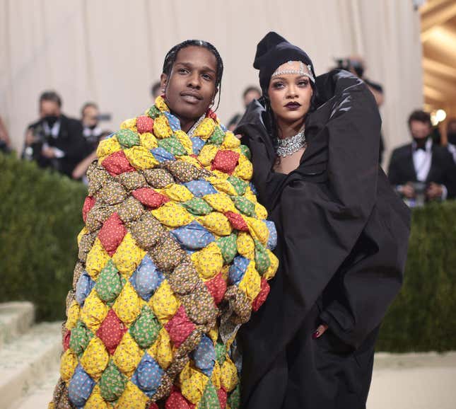 ASAP Rocky and Rihanna attend The 2021 Met Gala Celebrating In America: A Lexicon Of Fashion at Metropolitan Museum of Art on September 13, 2021 in New York City.