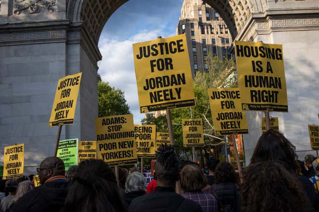 NEW YORK, NEW YORK - MAY 5: People attend a rally to protest the death of Jordan Neely, a homeless man who was choked to death on the subway, May 5, 2023, in Washington Square Park, New York City, New York. 