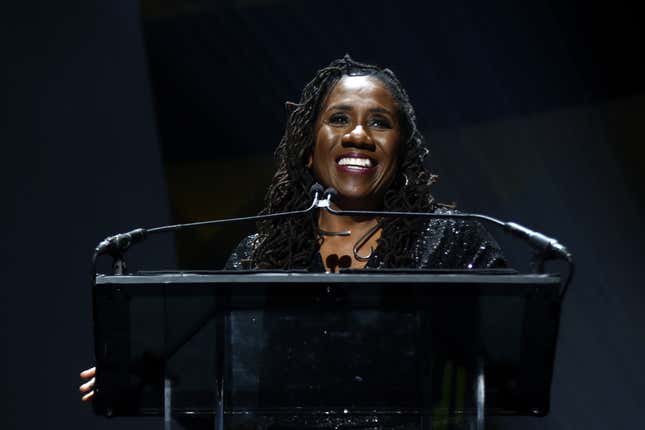  NEW YORK, NEW YORK - MAY 10: Sherrilyn Ifill accepts the Thurgood Marshall Lifetime Achievement Award onstage during the LDF 34th National Equal Justice Awards Dinner on May 10, 2022 in New York City.