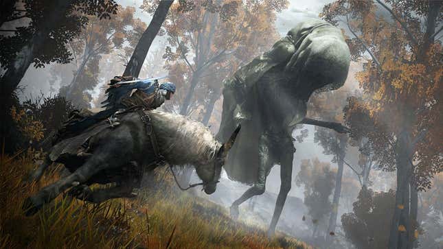 A screenshot of Elden Ring depicting the Tarnished player character riding the ethereal stead Torrent in a battle against a massive and monstrous boss in the woods.