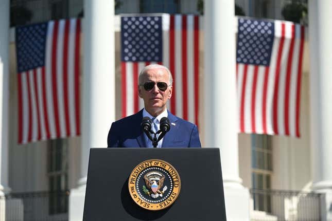 US President Joe Biden speaks during a signing ceremony for the CHIPS and Science Act of 2022, at an event on the South Lawn of the White House in Washington, DC, on August 9, 2022. - The CHIPS and Science Act aims to support domestic semiconductor production, new high-tech jobs, and scientific research.