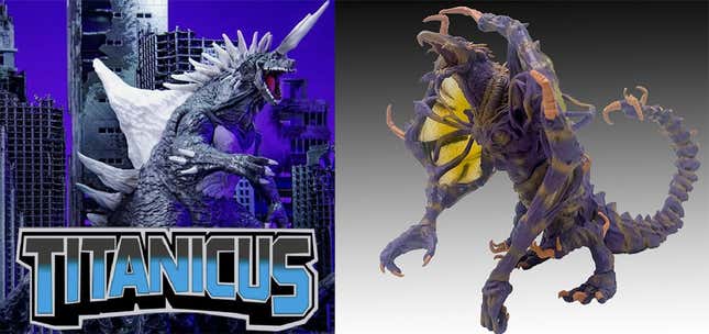 A photo of Titanic Creations's Titanicus and Nosferadon figures, original kaiju with lots of cool details. 