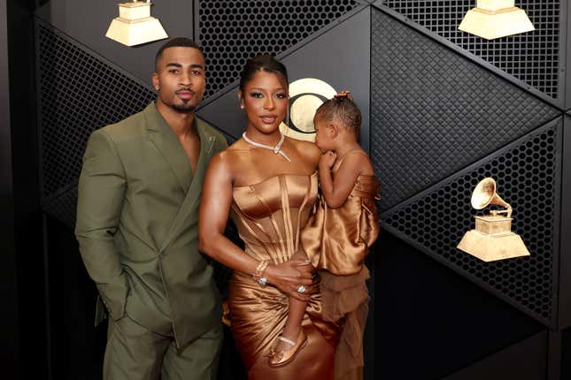 John Gaines, Victoria Monét and Hazel Monét attend the 66th GRAMMY Awards at Crypto.com Arena on February 04, 2024 in Los Angeles, California.