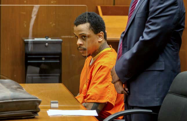 Eric Holder Jr. sits in the courtroom at Clara Shortridge Foltz Criminal Justice Center on Sept. 15, 2022, in Los Angeles. Holder Jr. was convicted of fatally shooting rapper Nipsey Hussle in 2019.