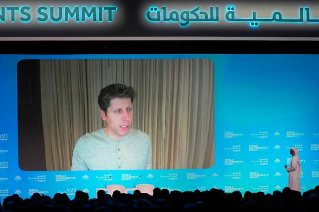 OpenAI CEO Sam Altman talks on a video chat during the World Government Summit in Dubai, United Arab Emirates, Tuesday, Feb. 13, 2024. The CEO of ChatGPT maker OpenAI said Tuesday that the danger that keeps him awake at night regarding artificial intelligence are the &quot;very subtle societal misalignments&quot; that can make the systems wreck havoc. (AP Photo/Kamran Jebreili)