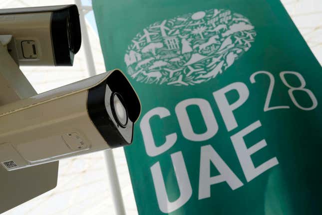 G42 cameras are visible at the COP28 U.N. Climate Summit, Saturday, Dec. 9, 2023, in Dubai, United Arab Emirates. (AP Photo/Peter Dejong)