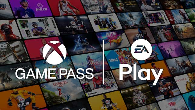 A collage of games on Game Pass sits behind the Xbox Game Pass and EA Play logos. 