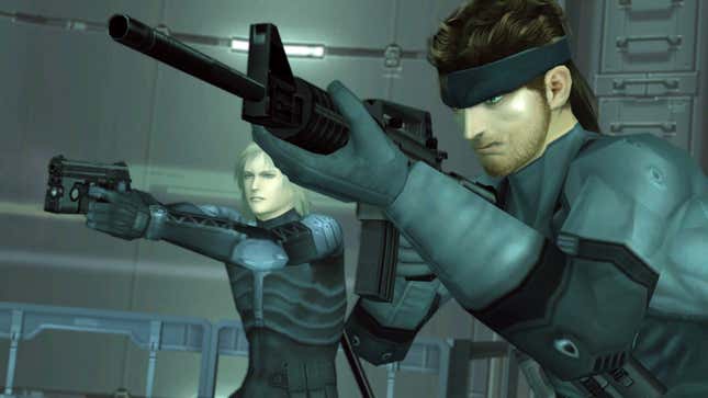 Solid Snake and Raiden aim weapons.