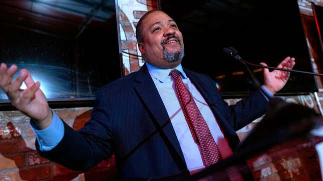 Alvin Bragg speaks to supporters in New York, Tuesday, Nov. 2, 2021. Bragg’s election as Manhattan’s first Black district attorney comes at a time when Black elected officials hold a historic number of city, state and federal offices in New York. When New Yorkers this week chose Eric Adams as their next mayor and Alvin Bragg as the next Manhattan district attorney, they elevated two more Black men into high office at a time when the city and state are being led by a historic number of Black leaders.