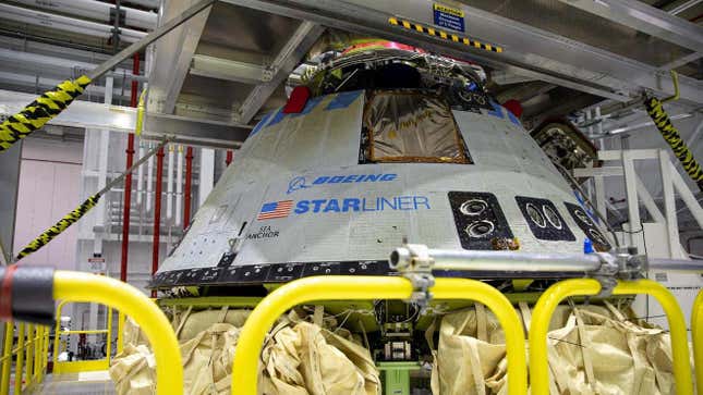 The Boeing CST-100 Starliner spacecraft is back home at the company's Commercial Crew and Cargo Processing Facility, undergoing inspection after its first flight as part of NASA's Commercial Crew Program, known as the Orbital Flight Test.