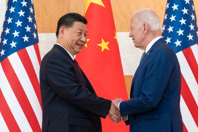 FILE - U.S. President Joe Biden, right, and Chinese President Xi Jinping shake hands before a meeting on the sidelines of the G20 summit meeting on Nov. 14, 2022, in Bali, Indonesia. Biden and Xi will hold a long-anticipated meeting Wednesday in the San Francisco Bay area. That&#39;s according to two senior Biden administration officials. (AP Photo/Alex Brandon, File)